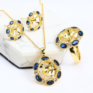 国产14k包金 DIY配件花朵S925银针耳钉吊坠项链三件套装气质女