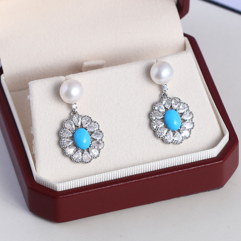 DIY配件新款珍珠配件合金精工复古仿绿松石耳钉配4-6mm珍珠空托