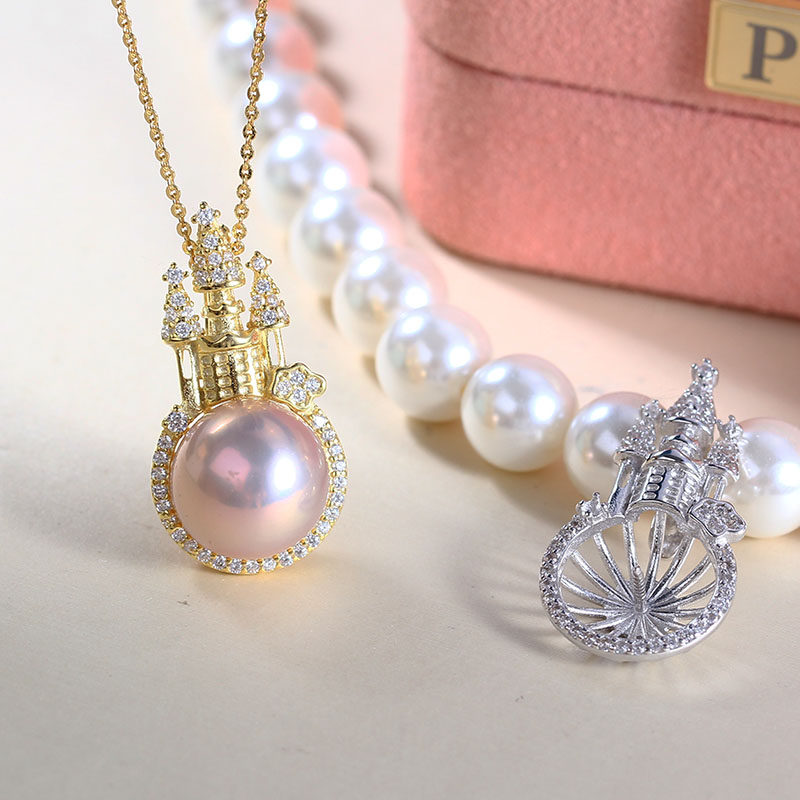 S925纯银城堡造型珍珠吊坠空托