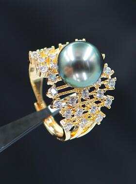 DIY珍珠配件新款铜镀金镶锆流星重工精致戒指空托8-12mm