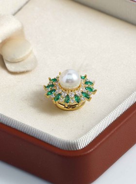 DIY珍珠配件新款磁吸胸花胸针空托铜镀金绿色锆石太阳花不伤衣服