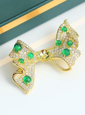 DIY珍珠配件新款铜镀金绿色锆石轻奢不规则蝴蝶结胸花胸针空托