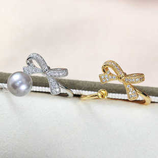 DIY珍珠配件新款铜镀金蝴蝶结镶钻戒指空托精致时尚开口可调节