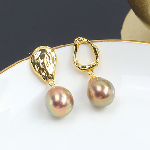 S925银针国产14k包金注金珍珠扭曲不规则形耳钉耳环耳饰DIY空托女