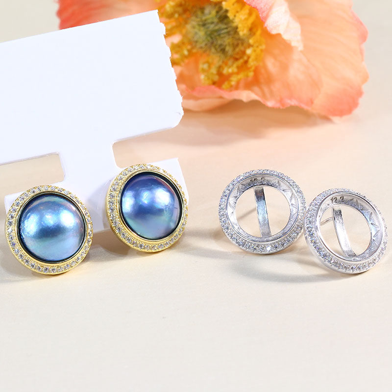 DIY珍珠配件 S925纯银轻奢时尚马贝珍珠耳钉微镶锆石简约耳饰女