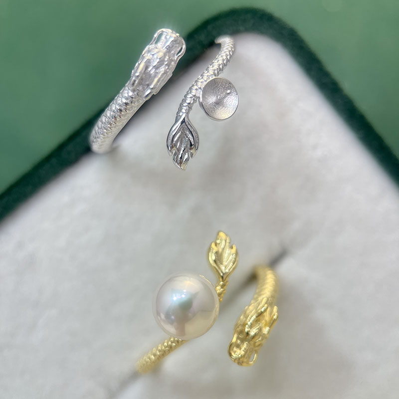 S925纯银精工雕刻龙元素珍珠戒指