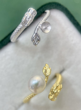 S925纯银精工雕刻龙元素珍珠戒指