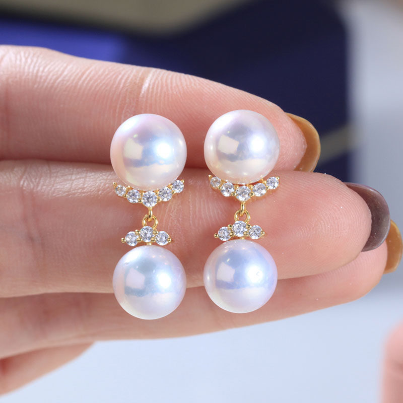 DIY珍珠配件 S925纯银简约甜美微镶锆石双珠耳钉耳饰空托时尚百搭