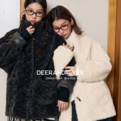 含绵羊毛中长款 鹿与飞鸟 雪融之前 立领两色仿羊羔毛外套7297