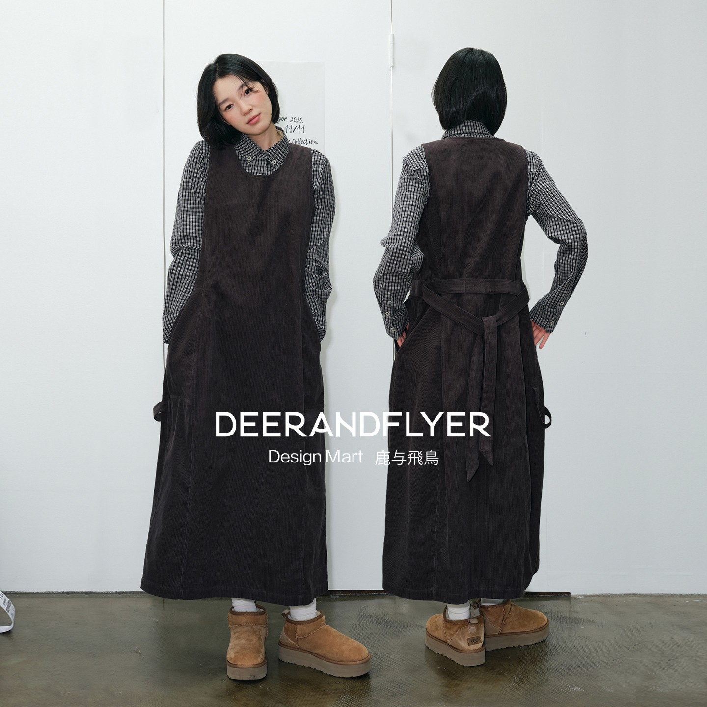 纯棉灯芯绒U领叠搭背心连衣裙