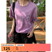 关于花朵 鹿与飞鸟 紫白双色空气层涂鸦花朵T恤5853 香草芋泥