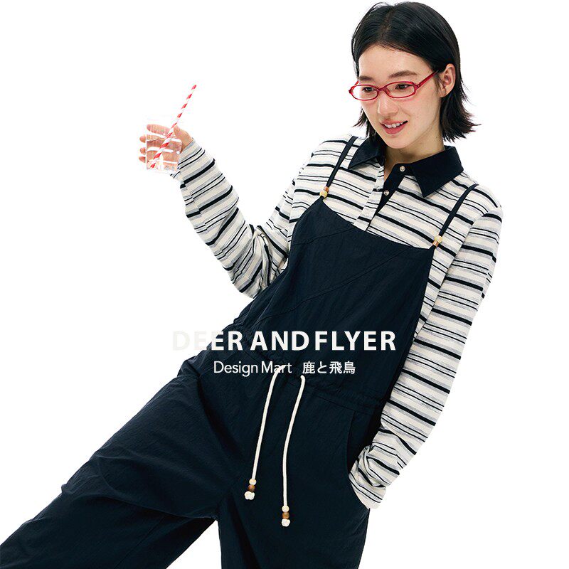 鹿与飞鸟&ldquo;风屋杂志&rdquo;腰间抽绳手工串珠日系双色背带裤可调节6580