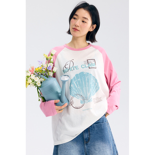 T恤6640 主题印花竹节纹宽松圆领多色插肩袖 鹿与飞鸟 贝壳信件