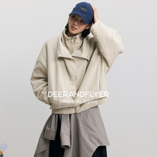 鹿与飞鸟 纯棉假两件立领双门襟两色廓形夹克棉服7150 炼乳欧包