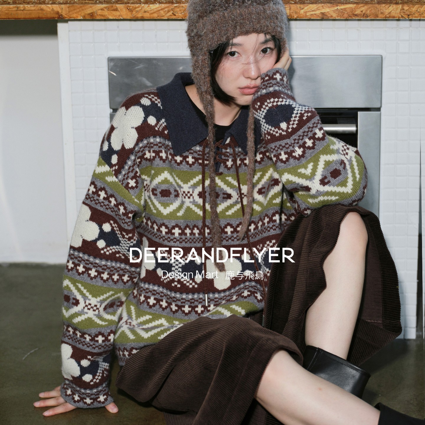 混纺纱线polo领复古提花毛衣