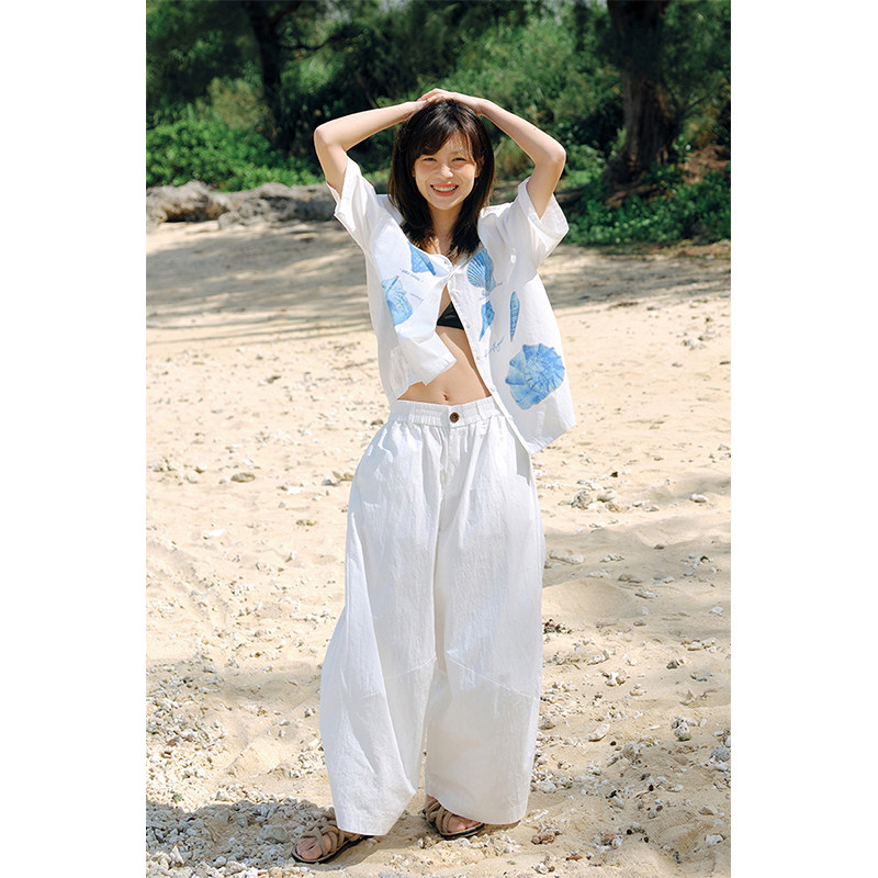 鹿与飞鸟&ldquo;椰子州岛&rdquo;印花纯色两款简约宽松松紧腰九分阔腿裤6724