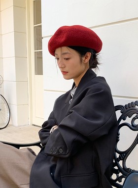鹿与飞鸟 自留款 复古日系英伦纯羊毛百搭毛呢圆形贝雷帽5368阝