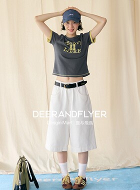 鹿与飞鸟11周年“晴空岛”亲肤棉显瘦显腿长奶油白直筒七分裤6831