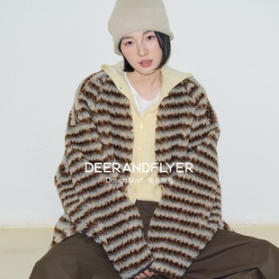 鹿与飞鸟 复古花色条纹V领仿羊羔毛双面穿外套7025 暖咖燕麦
