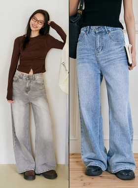 鹿与飞鸟不费力大长腿|双色重工水洗大直筒灰色牛仔裤6190