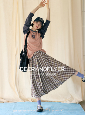 鹿与飞鸟11周年“光合协奏”亲肤棉红棕格立体花苞裙有内衬6832