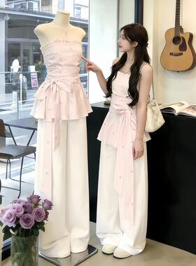 独特漂亮绝美小套装韩系温柔风巨好看一字肩粉色上衣牛仔裤两件套