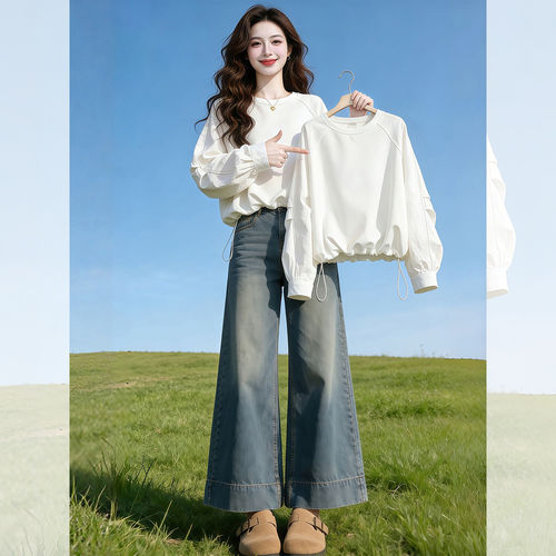 白色抽绳下摆拼接长袖T恤