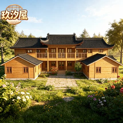唐宋风中式禅房三合院榫卯木结构重型景观园林乡下休闲施工木房子