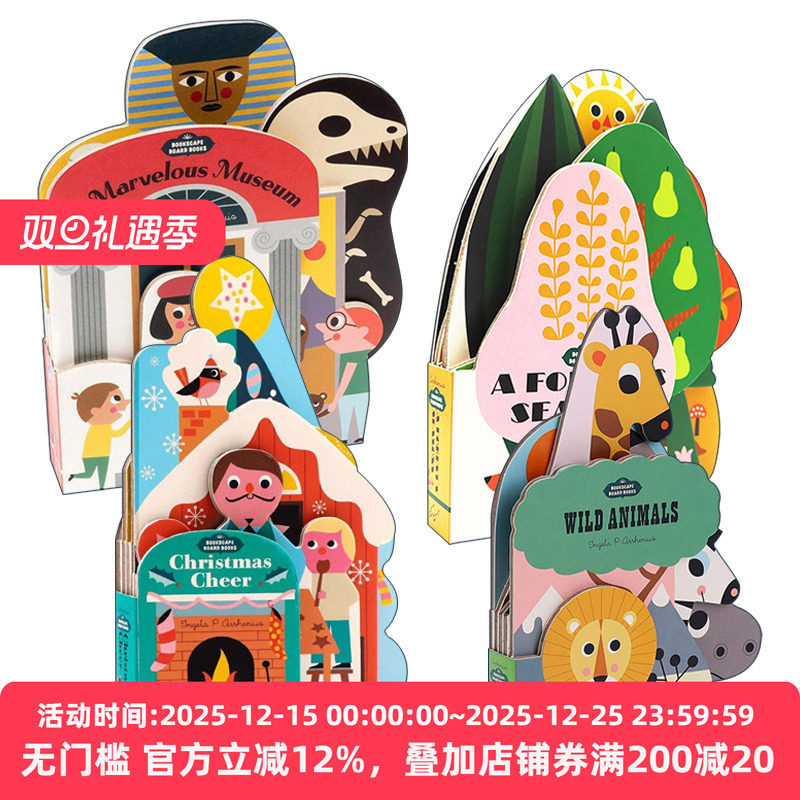 英文原版 Bookscape Board Books 异形纸板书 4册 森林四季 一个奇妙的博物馆 圣诞节 野生动物 英文版幼儿英语启蒙书籍 进口书
