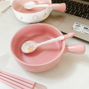 手绘手把碗ins风带手柄草莓陶瓷碗泡面碗创意少女心沙拉碗 日式