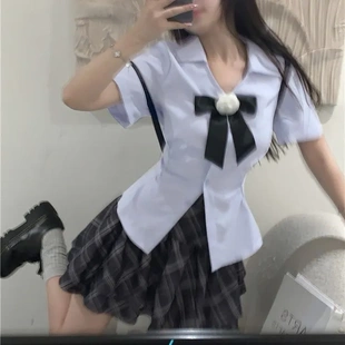 (跨境爆款)辣妹泰式校服蝴蝶结短袖衬衫女夏季显瘦收腰衬衫两件套