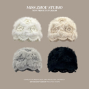 毛毛帽子仿兔毛皮草帽冬女韩版 防寒手工钩针百搭花朵镂空包头冷帽