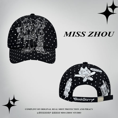 亚比波点复古卡通刺绣黑色鸭舌帽