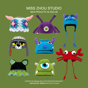 痞幼同款 护耳保暖恶魔长辫子绿色针织套头帽 搞怪毛线帽子女秋冬季