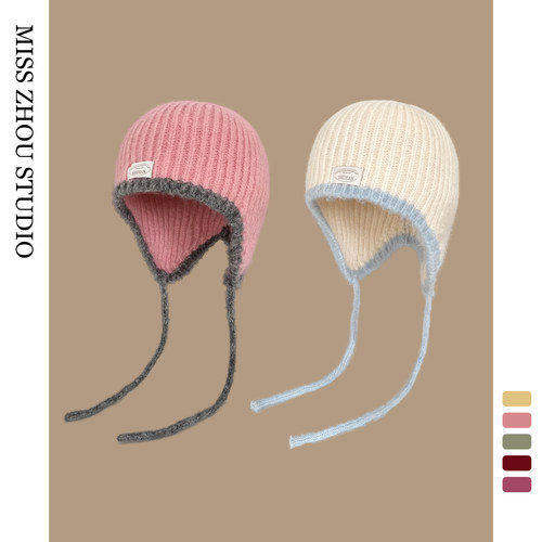 韩国新款小众时尚系带护耳帽子女生冬季保暖防寒百搭针织包头帽子