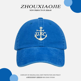 赵露思许妍同款鸭舌帽2026春季新款复古蓝色字母水洗软顶棒球帽子