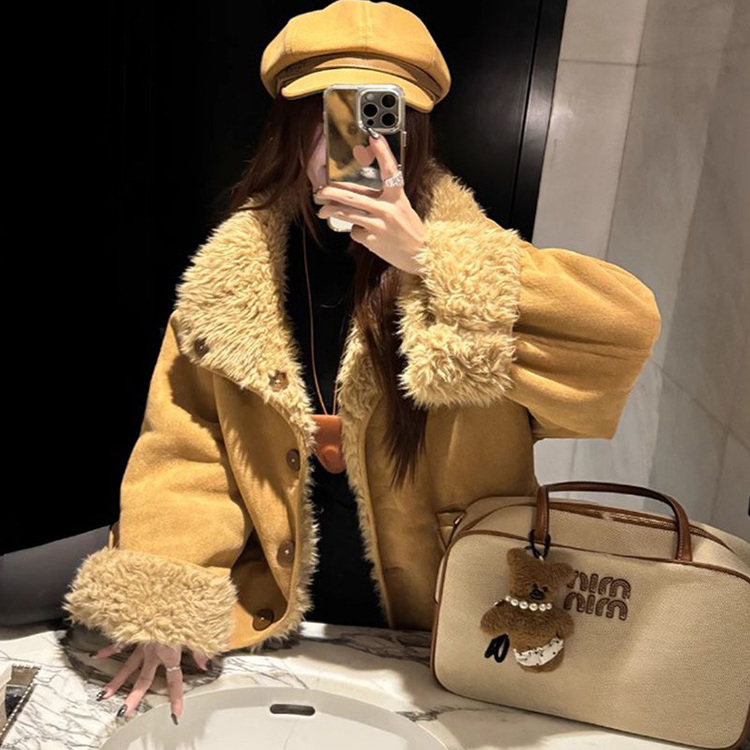 两面穿羊羔毛外套女冬中长款宽松皮毛一体机车棉服高级感保暖大衣