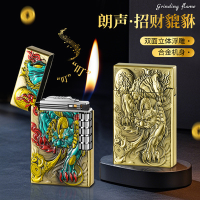 精雕彩绘皮休朗声钢音侧滑砂轮明火充气斜火打火机高档礼品点烟器