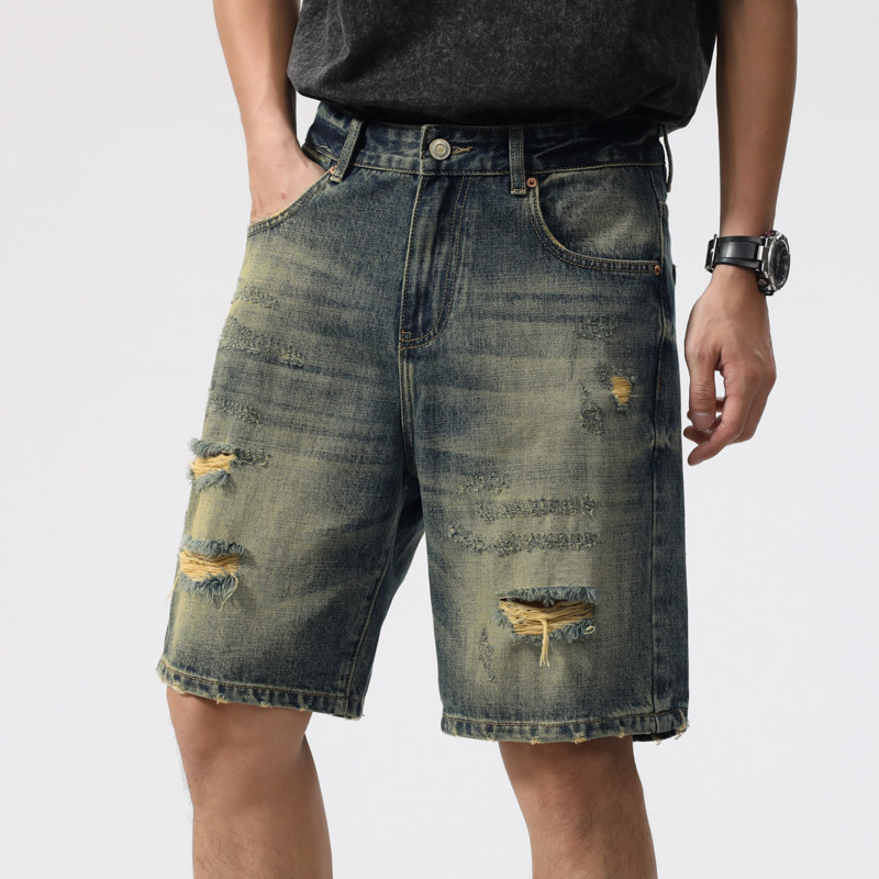 原创重工破洞牛仔短裤男夏季宽松直筒休闲男士炸街乞丐裤子潮牌