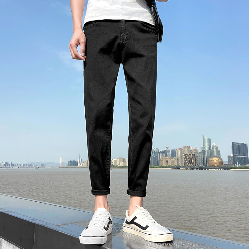 夏季九分男士牛仔裤男黑色修身小直筒商务休闲裤子中腰牛仔长裤