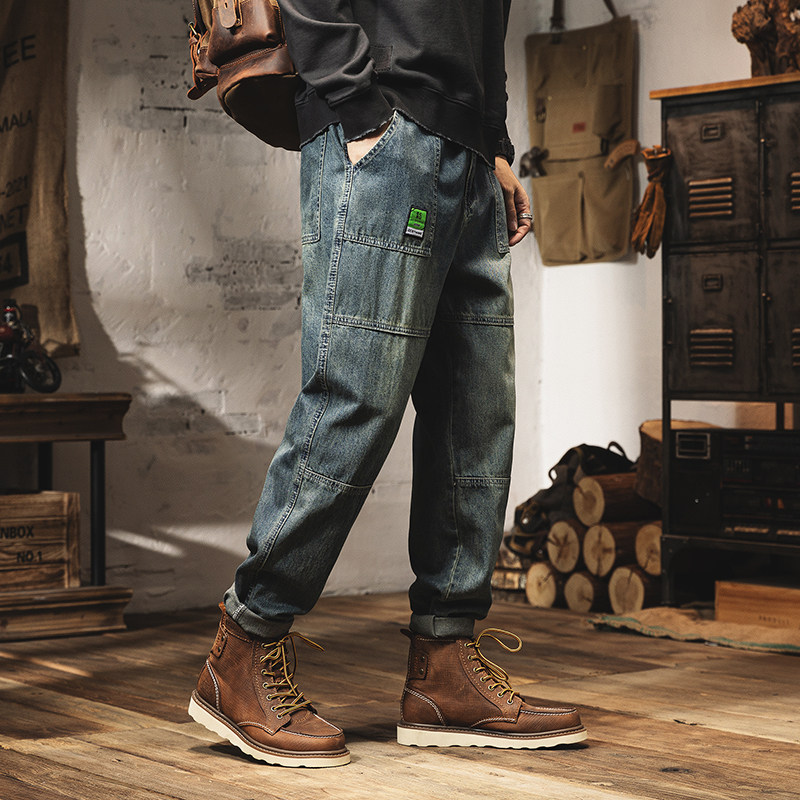 美式休闲哈伦痞帅复古蓝牛仔裤男直筒宽松百搭大码潮牌长裤子薄款