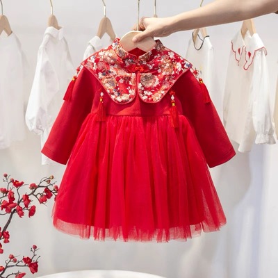 女长袖公主风秋冬红色周岁服裙子