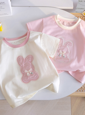女童短袖T恤2025夏季新款卡通立体小兔上衣甜美蝴蝶结百搭上衣潮3