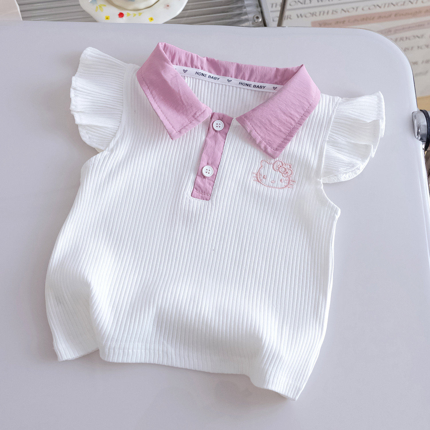 女童洋气POLO领T恤夏季新款时尚小飞袖猫咪刺绣甜美百搭无袖上衣8