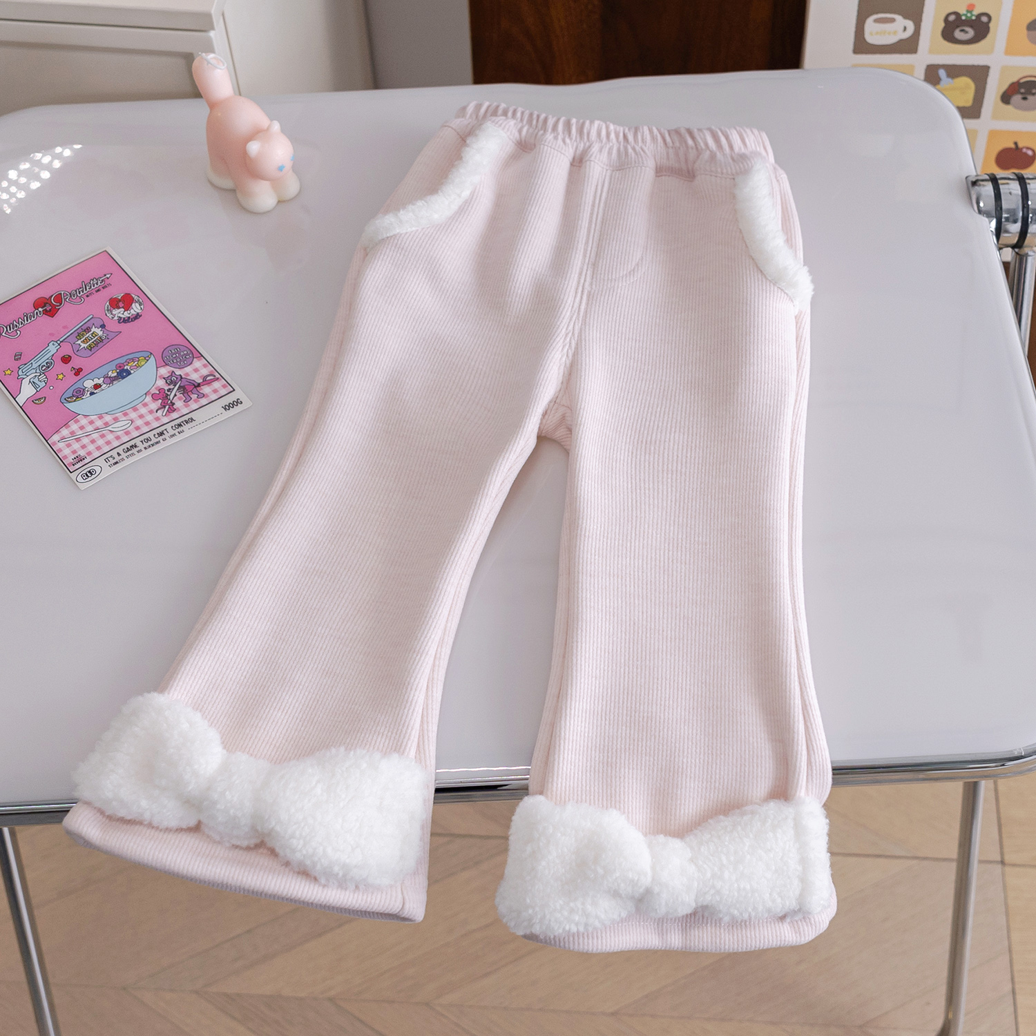 女童韩版加绒裤子2025冬装新款甜美蝴蝶结喇叭裤小女孩百搭保暖裤