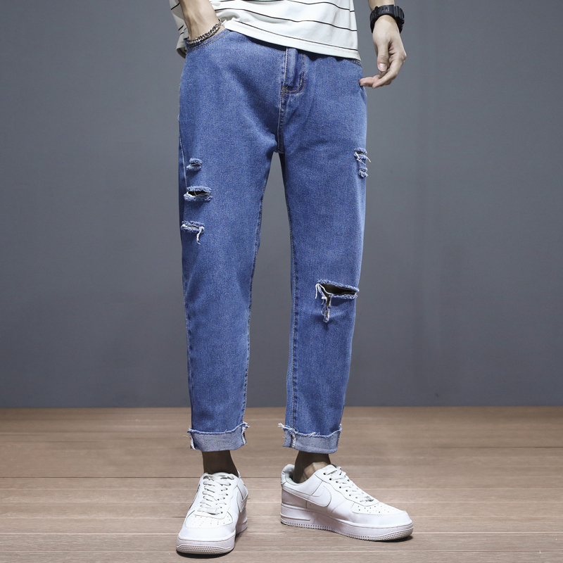 New fashion brand pierced jeans men's loose straight men's jeans Capris pants Korean version