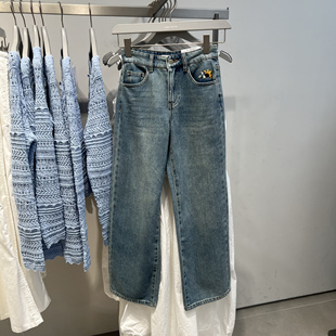 UR国内代购2025春季女装时尚休闲花朵刺绣阔腿牛仔长裤UYL850049