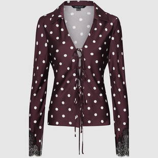 UR国内代购2025冬季女装魅力波点系带拼接蕾丝开襟衬衫UWG260006