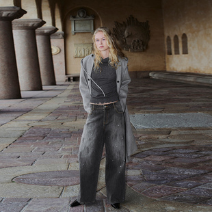 UR国内代购2025冬季女装复古泼墨阔腿水洗阔腿牛仔长裤UWJ850107