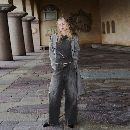 UR国内代购2025冬季女装复古泼墨阔腿水洗阔腿牛仔长裤UWJ850107